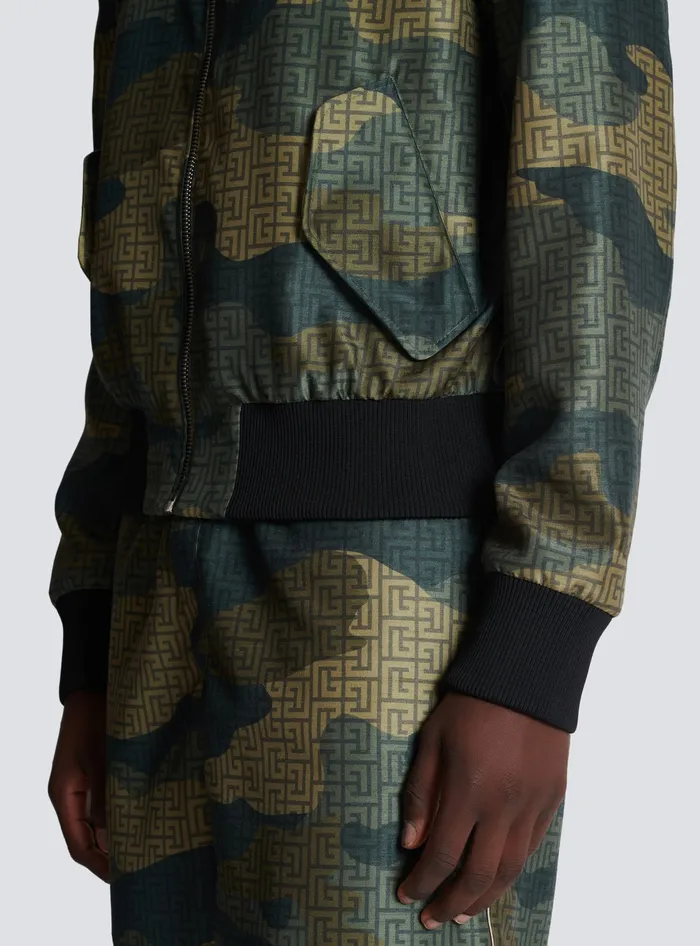 Balmain Outerwear Men Camouflage Monogrammed Shantung Bomber Jacket Khaki