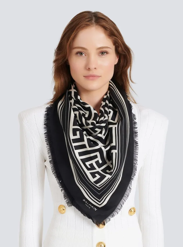 Balmain Scarves Women Silk Monogrammed Scarf Black