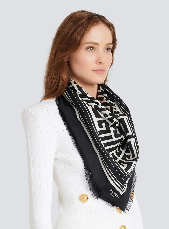 Balmain Scarves Women Silk Monogrammed Scarf Black