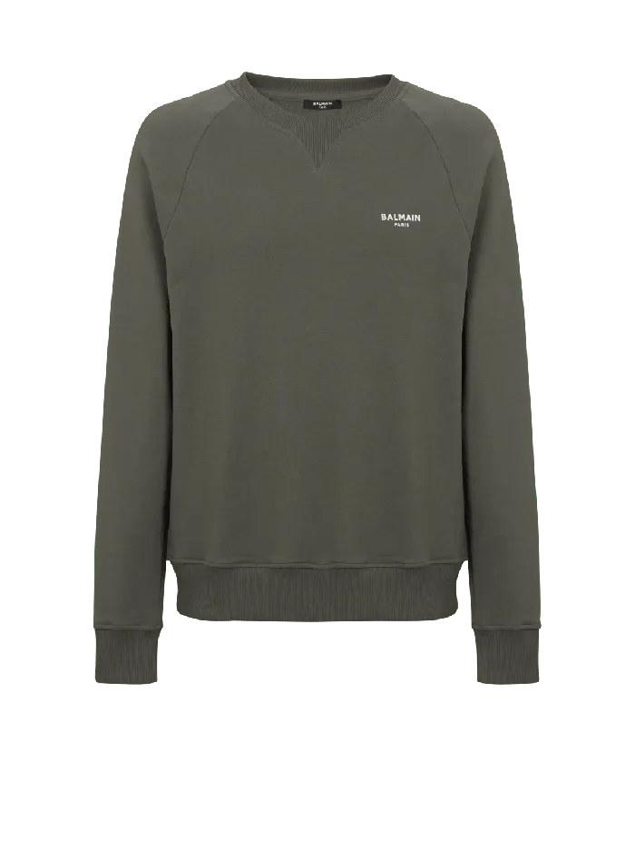 Balmain Sweatshirts Men Paris Flocked Sweatshirt Khaki