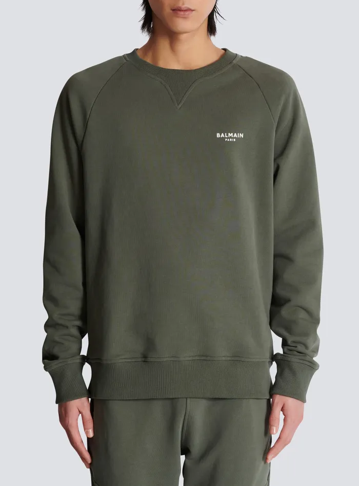 Balmain Sweatshirts Men Paris Flocked Sweatshirt Khaki