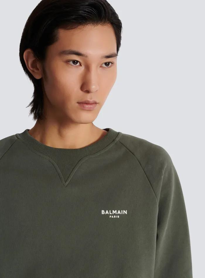 Balmain Sweatshirts Men Paris Flocked Sweatshirt Khaki
