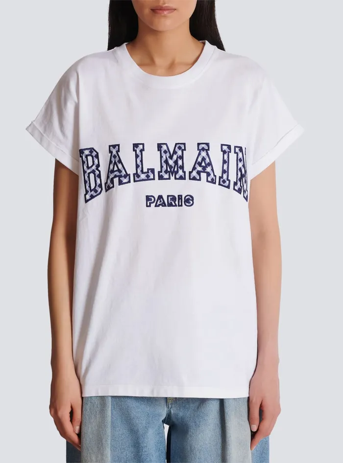 Balmain TShirts Women Tshirt With Gingham Paris Lettering White