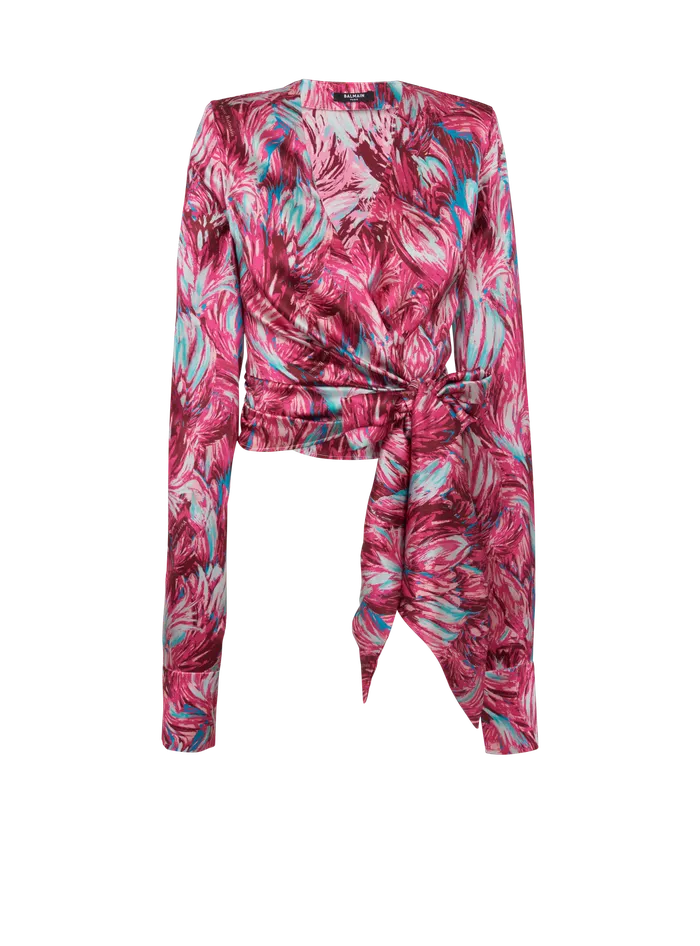 Balmain Tops And Shirts Women Feather Print Satin Wrap Blouse Pink