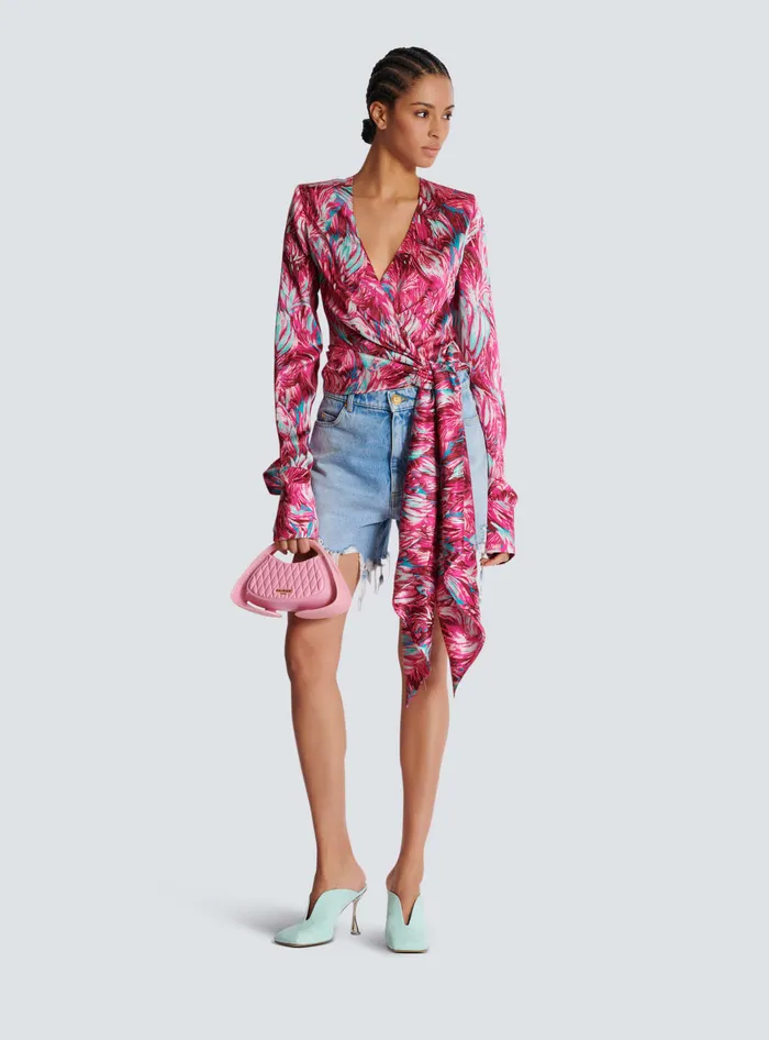 Balmain Tops And Shirts Women Feather Print Satin Wrap Blouse Pink