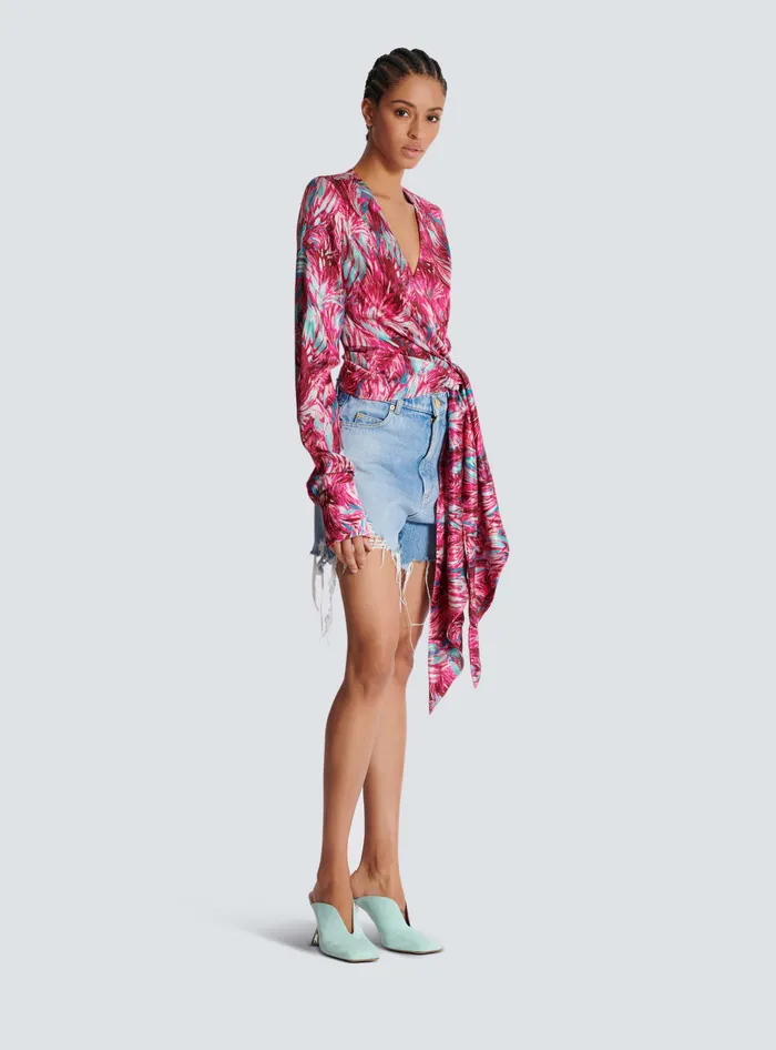 Balmain Tops And Shirts Women Feather Print Satin Wrap Blouse Pink