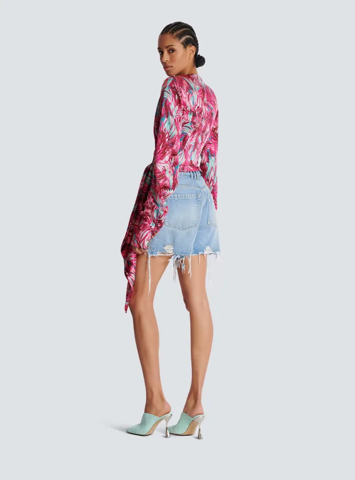 Balmain Tops And Shirts Women Feather Print Satin Wrap Blouse Pink