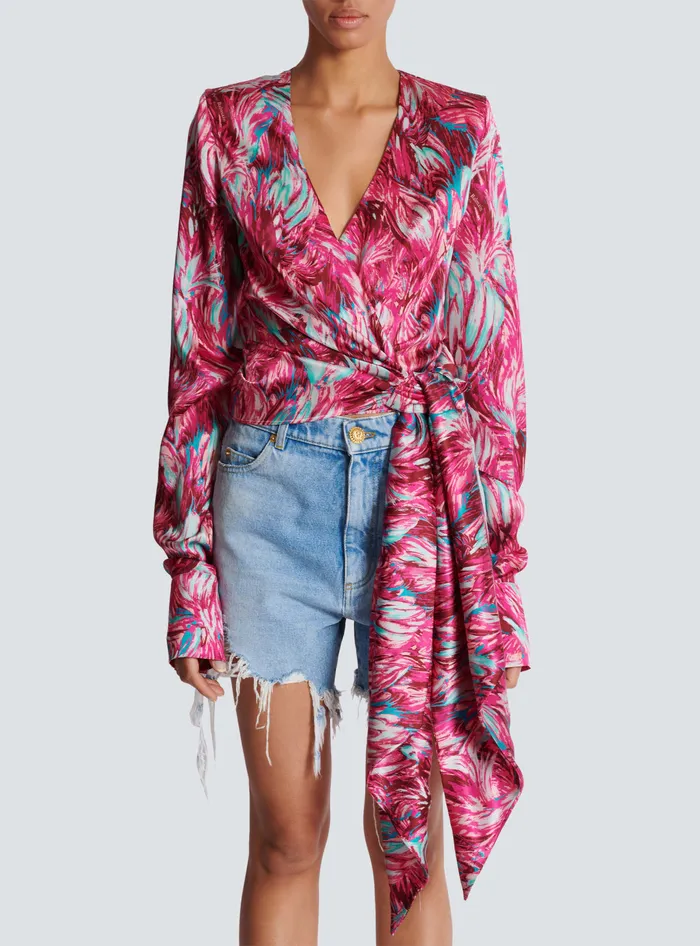 Balmain Tops And Shirts Women Feather Print Satin Wrap Blouse Pink