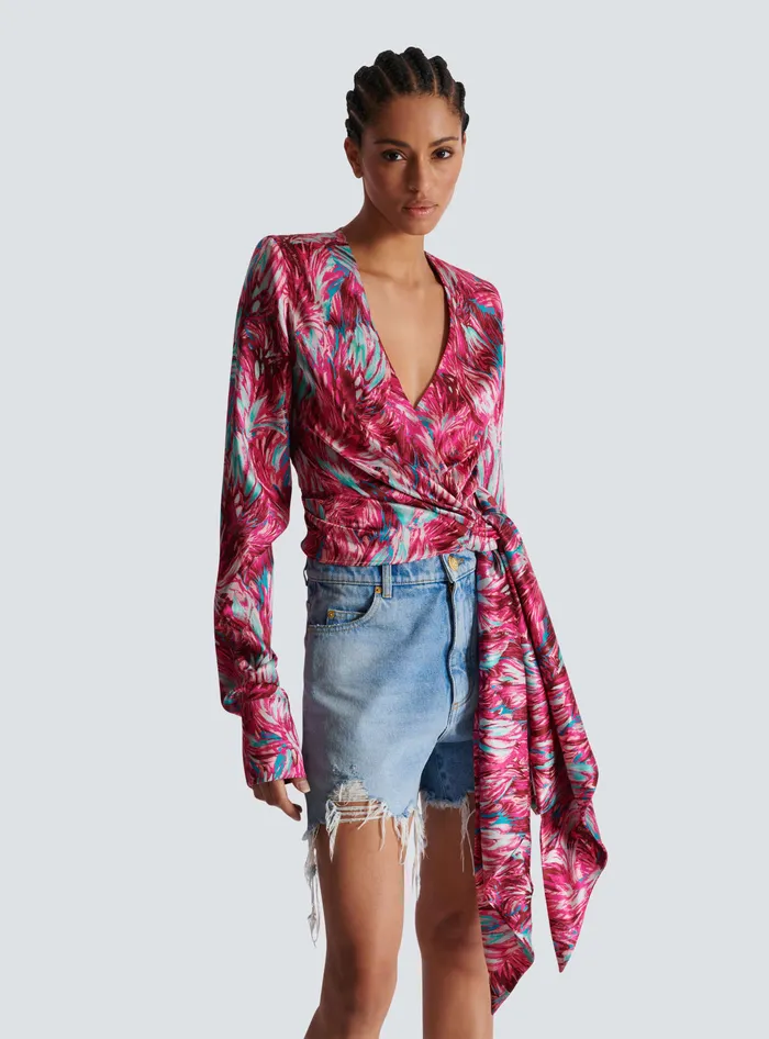 Balmain Tops And Shirts Women Feather Print Satin Wrap Blouse Pink