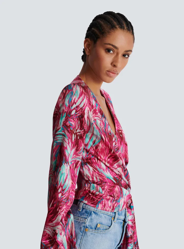 Balmain Tops And Shirts Women Feather Print Satin Wrap Blouse Pink