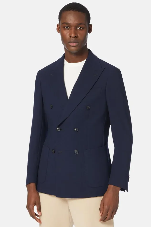 Blazers Men Boggi Milano Blue Pure Wool Crepe DoubleBreasted Jacket Navy Blue