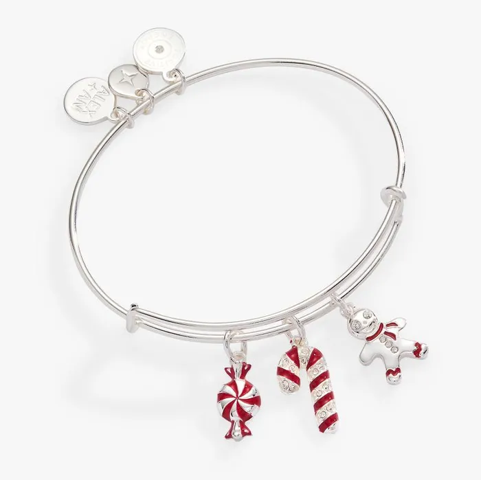 Bracelets Women Alex And Ani Holiday Candy Cane Charm Bangle Shiny Silver