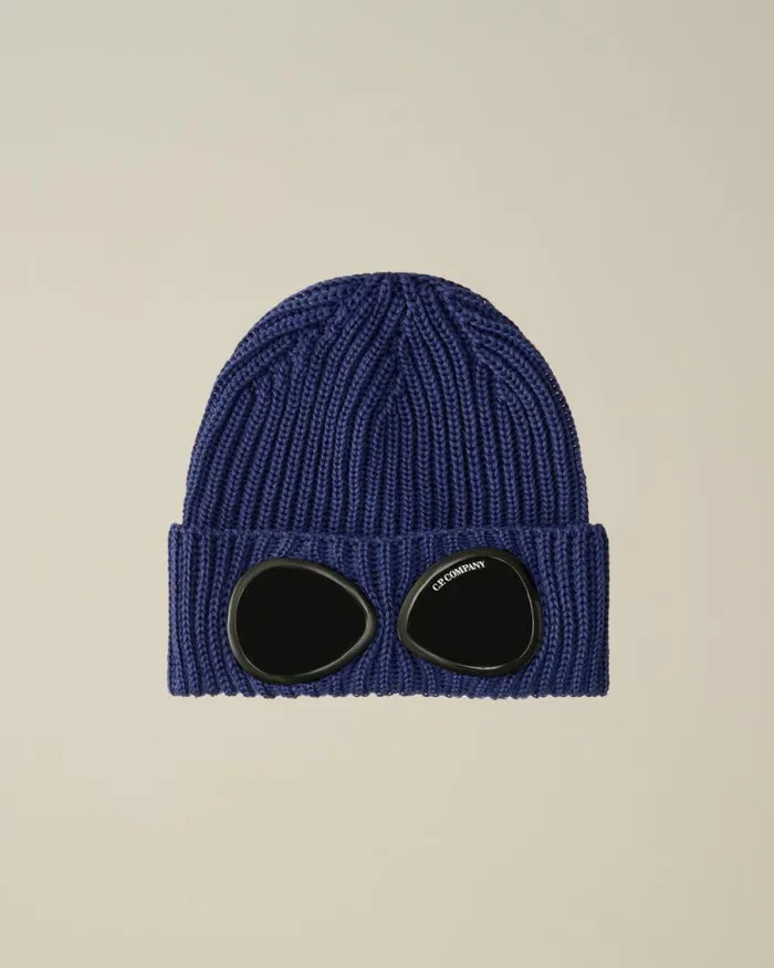 CP Company Hats Extra Fine Merino Wool Goggle Beanie Estate Blue 8211 Man