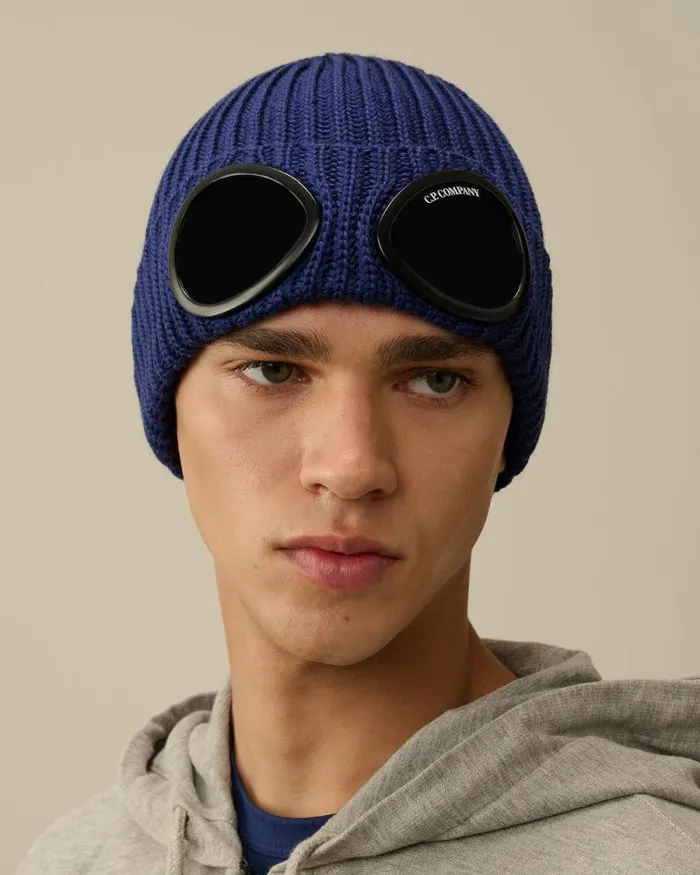 CP Company Hats Extra Fine Merino Wool Goggle Beanie Estate Blue 8211 Man