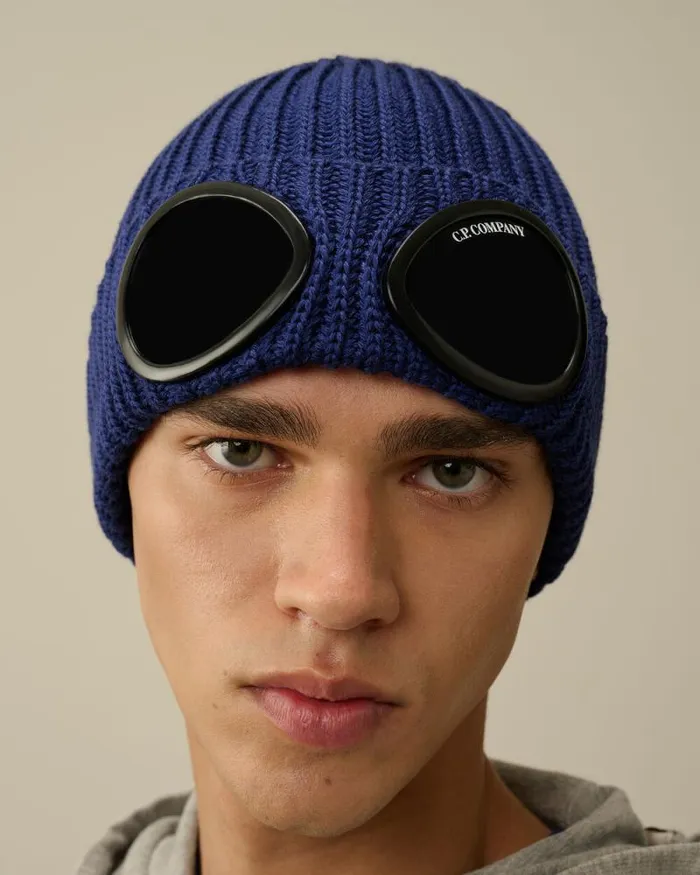 CP Company Hats Extra Fine Merino Wool Goggle Beanie Estate Blue 8211 Man