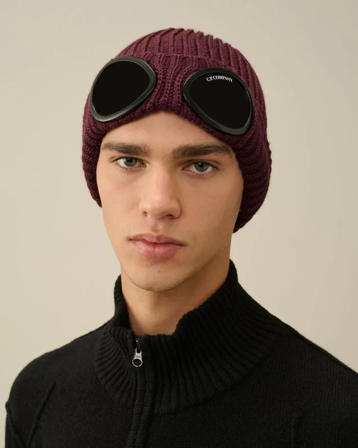 CP Company Hats Extra Fine Merino Wool Goggle Beanie Potent Purple 8211 Man