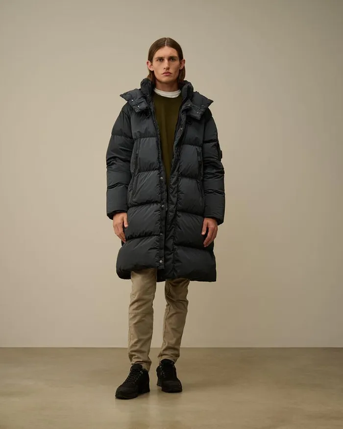 CP Company Jacket and Coats NycraR Buttoned Hood Long Down Jacket Black Sand 8211 Man
