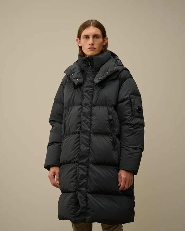 CP Company Jacket and Coats NycraR Buttoned Hood Long Down Jacket Black Sand 8211 Man