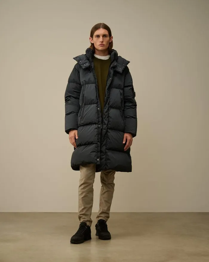 CP Company Jacket and Coats NycraR Buttoned Hood Long Down Jacket Black Sand 8211 Man