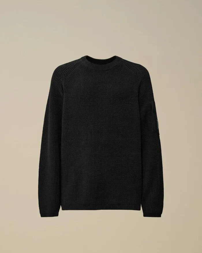 CP Company Jumpers Cotton Chenille Crewneck Waffle Knit Total Eclipse Blue 8211 Man