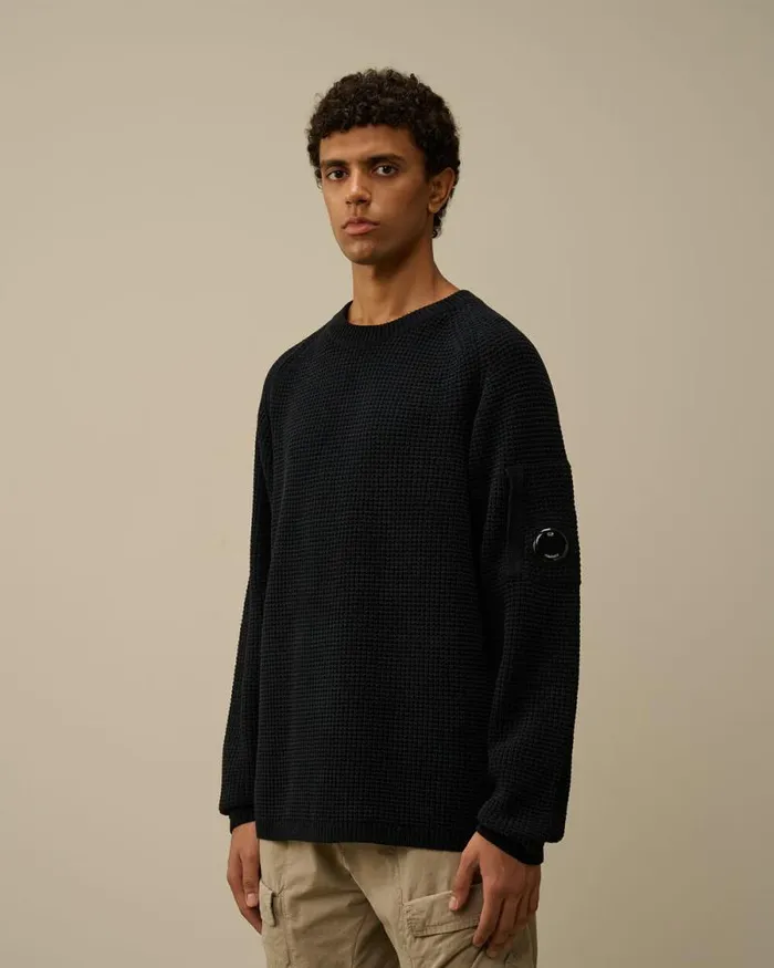CP Company Jumpers Cotton Chenille Crewneck Waffle Knit Total Eclipse Blue 8211 Man
