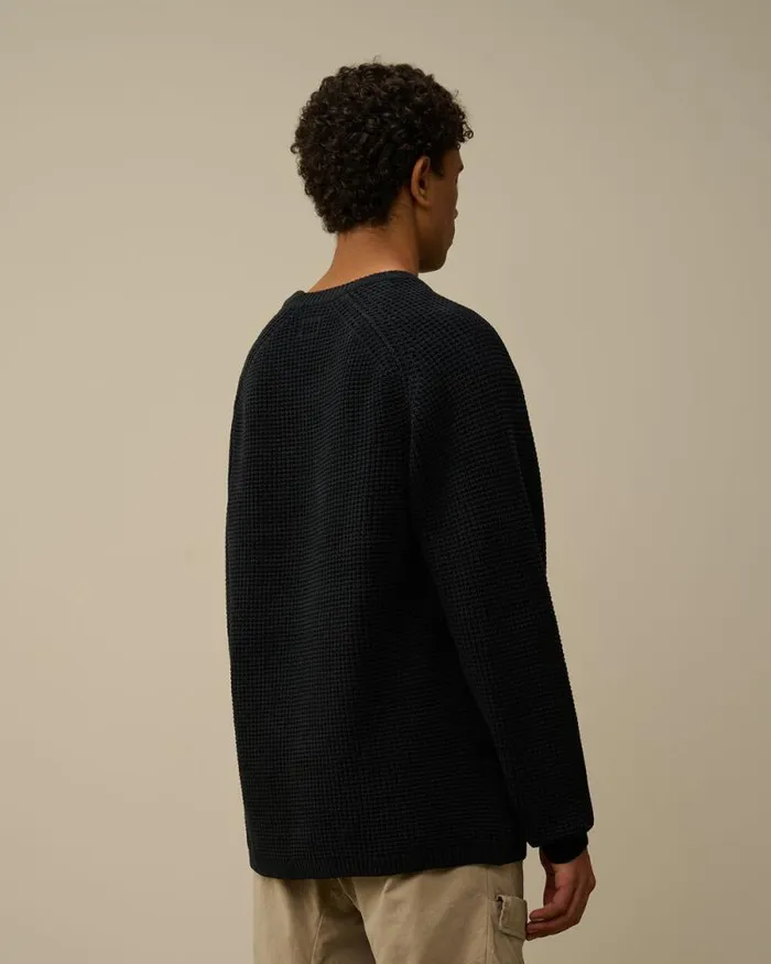 CP Company Jumpers Cotton Chenille Crewneck Waffle Knit Total Eclipse Blue 8211 Man