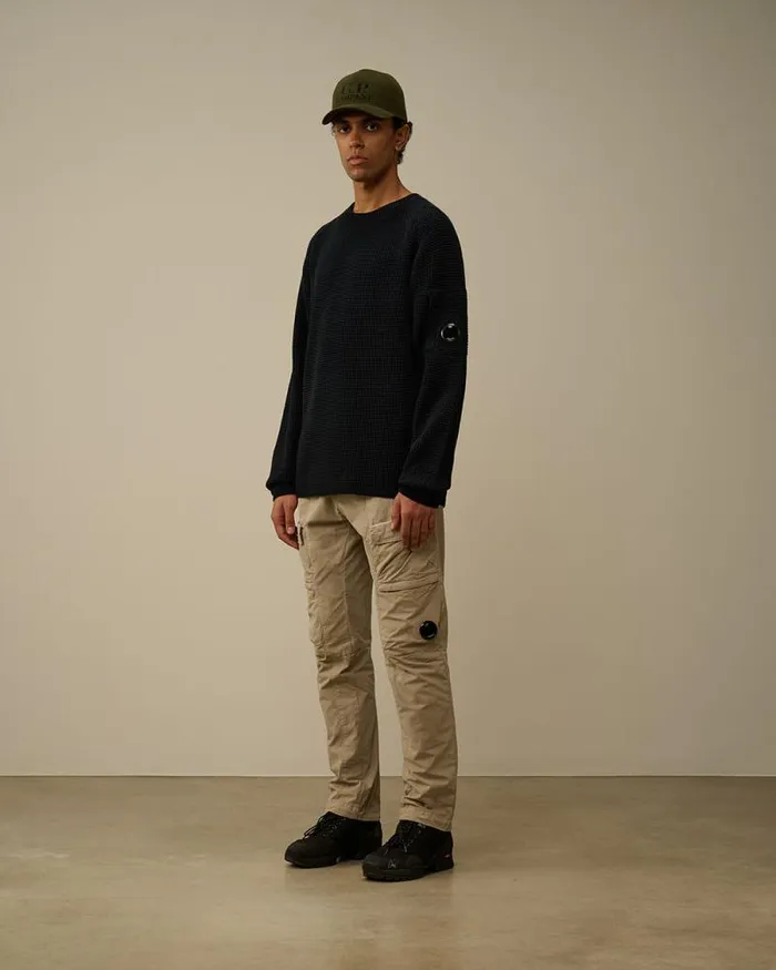 CP Company Jumpers Cotton Chenille Crewneck Waffle Knit Total Eclipse Blue 8211 Man
