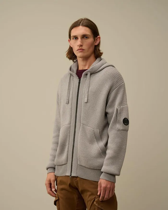 CP Company Jumpers ReWool Hooded Zipped Knit Moon Melange Grey 8211 Man