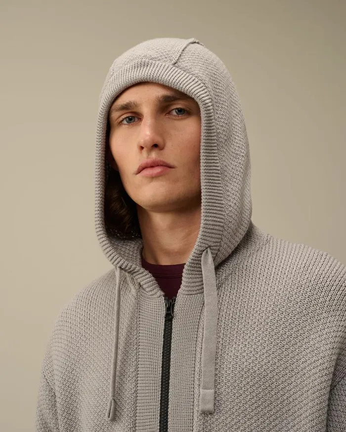 CP Company Jumpers ReWool Hooded Zipped Knit Moon Melange Grey 8211 Man