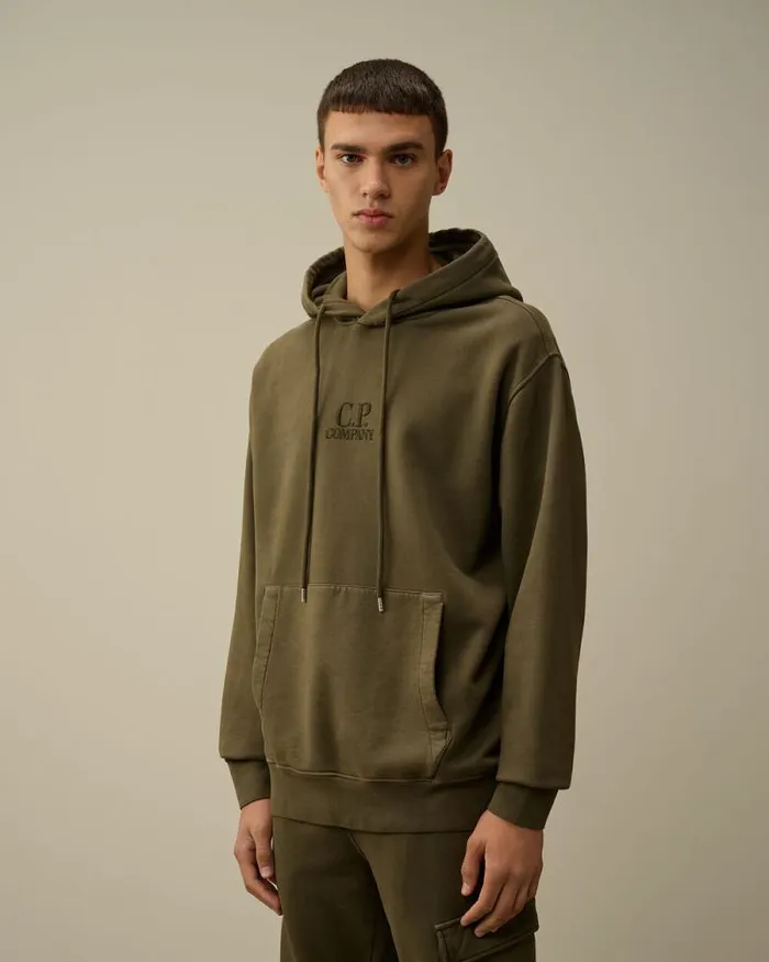 CP Company Sweatshirts Brushed And Emerized Diagonal Fleece Logo Hooded Sweatshirt Grape Leaf Green 8211 Man