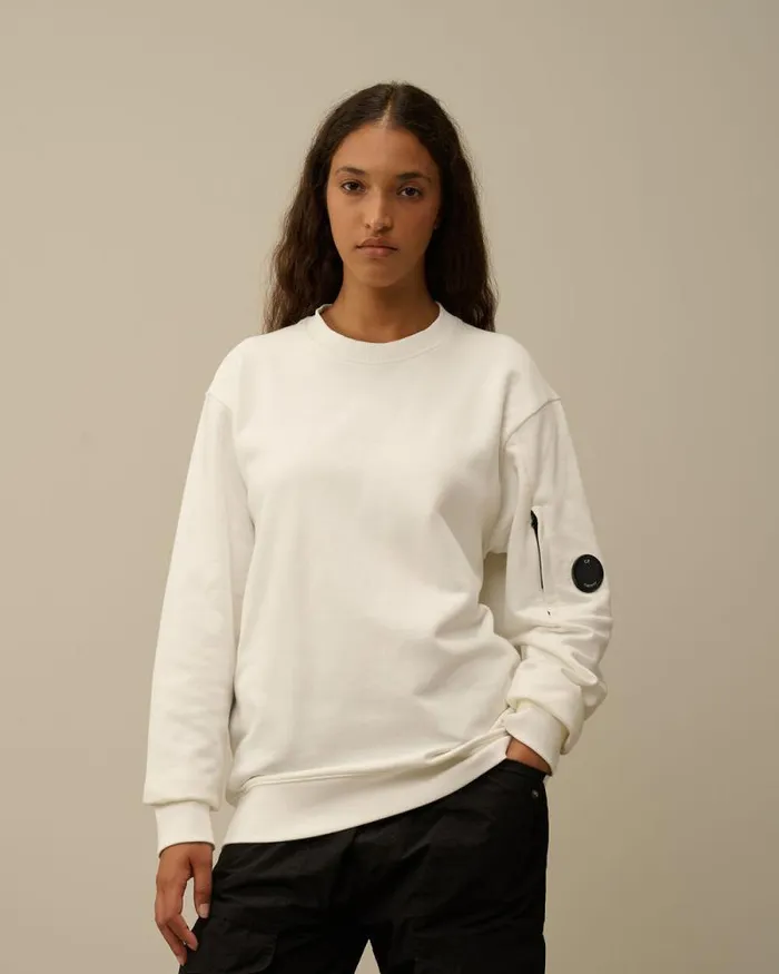 CP Company Sweatshirts Diagonal Raised Fleece Crew Neck Lens Sweatshirt Gauze White 8211 Man