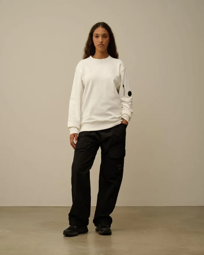 CP Company Sweatshirts Diagonal Raised Fleece Crew Neck Lens Sweatshirt Gauze White 8211 Man