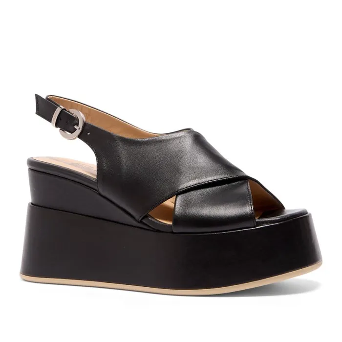 Carl Scarpa Glorioso Black Leather Wedge Platform Sandals Women Sandals
