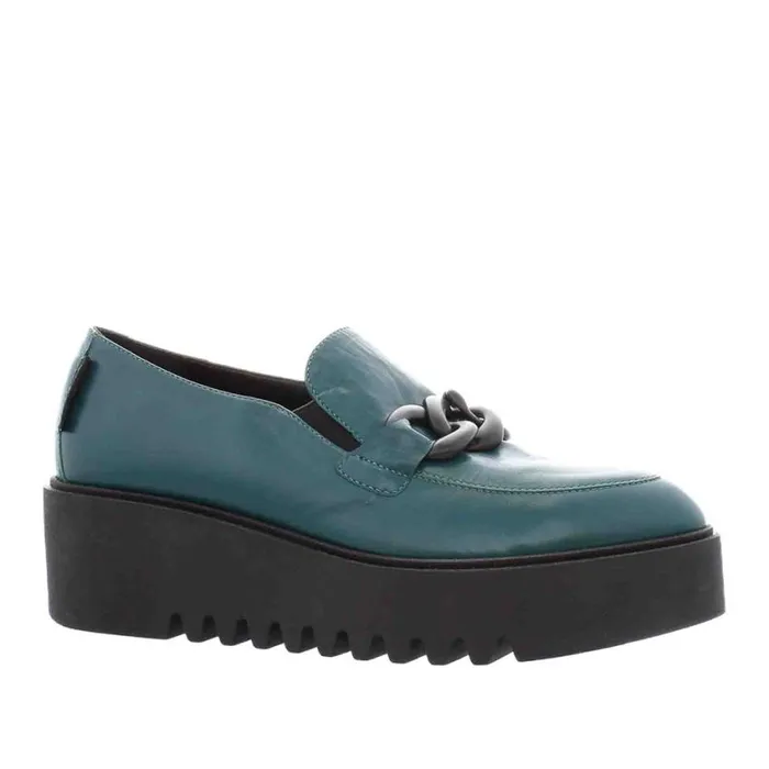 Carl Scarpa Lizi Teal Leather Chain Wedge Loafers Women Bestselling