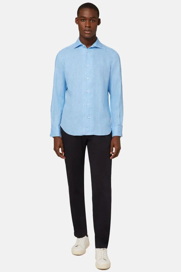 Casual Shirts Men Boggi Milano Regular Fit Sky Blue Linen Shirt Light Blu