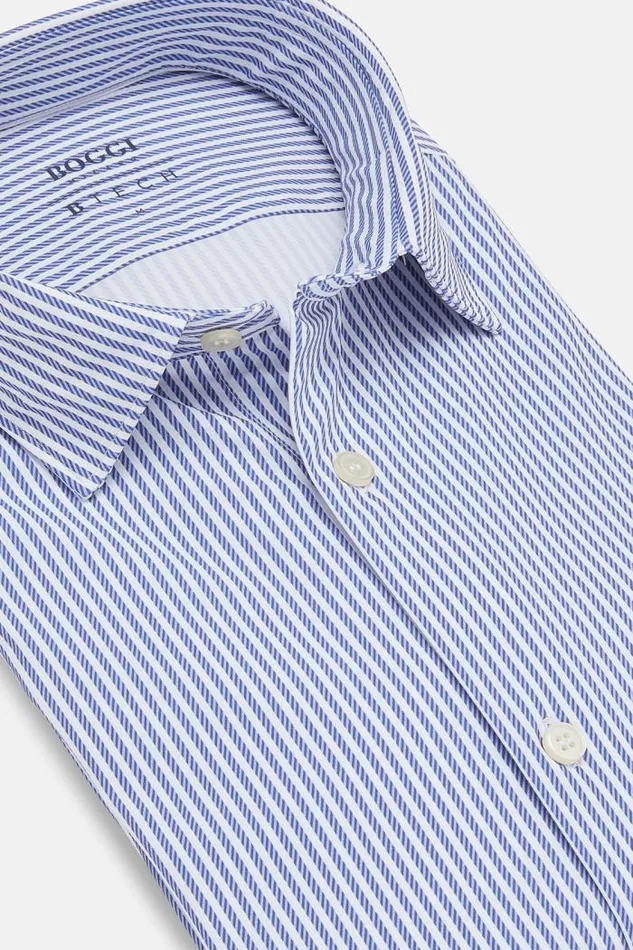 Casual Shirts Men Boggi Milano Slim Fit Blue Stripe Stretch Nylon Shirt Blue Casual Shirts Men Boggi Milano Slim Fit Blue Stripe Stretch Nylon Shirt Blue