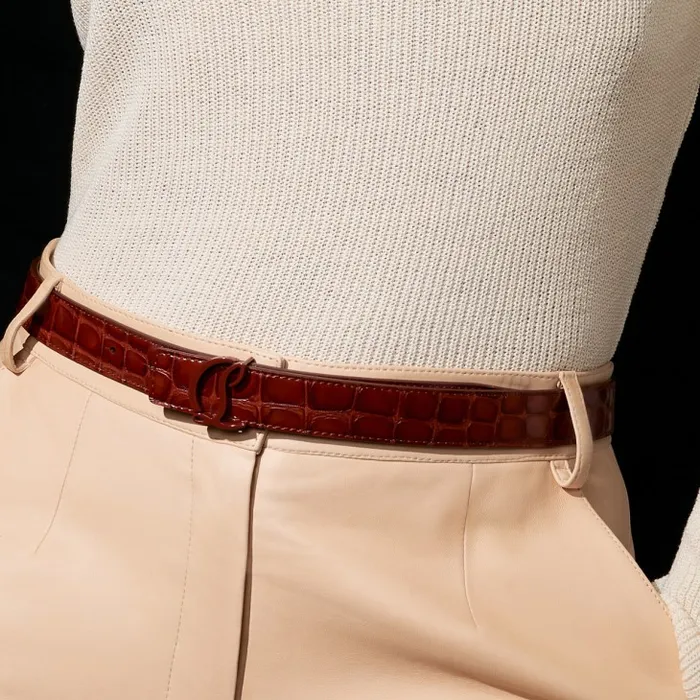 Christian Louboutin Belts Women CL Logo Belt 8211 Alligator Embossed Calf Leather 8211 Acajou Christian Louboutin Belts Women CL Logo Belt 8211 Alligator Embossed Calf Leather 8211 Acajou