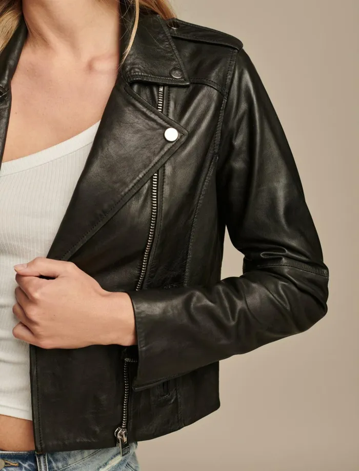 Classic Leather Moto Jacket Washed Black Women Lucky Brand Jackets and Outerwear