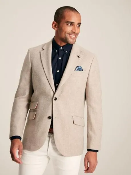 Coats and Jackets Men Joules Oatmeal Herringbone Texture Slim Fit Blazer