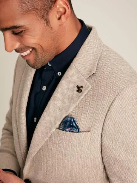 Coats and Jackets Men Joules Oatmeal Herringbone Texture Slim Fit Blazer