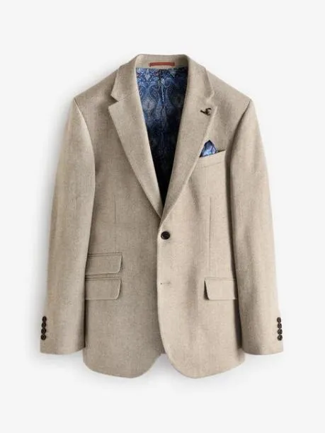 Coats and Jackets Men Joules Oatmeal Herringbone Texture Slim Fit Blazer