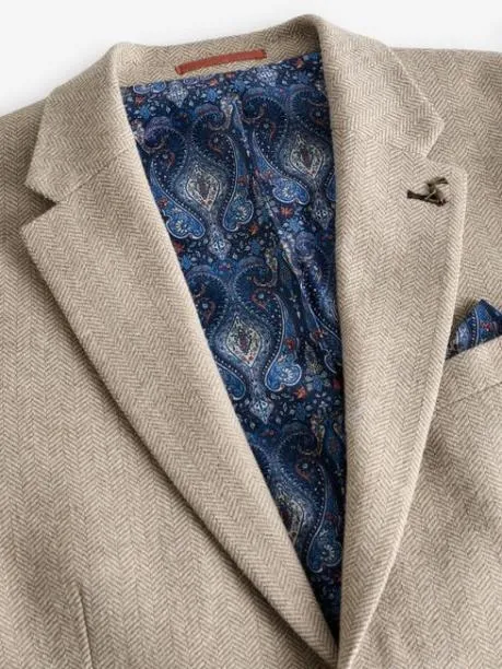 Coats and Jackets Men Joules Oatmeal Herringbone Texture Slim Fit Blazer