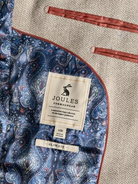 Coats and Jackets Men Joules Oatmeal Herringbone Texture Slim Fit Blazer