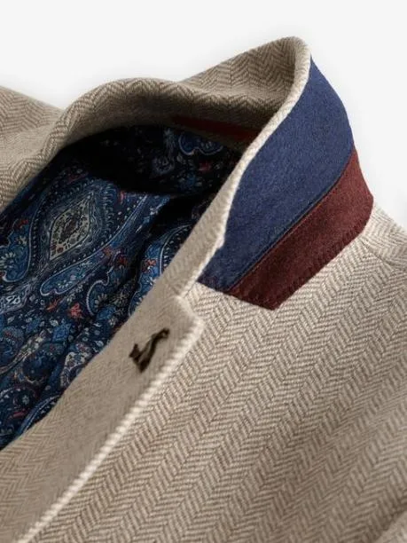Coats and Jackets Men Joules Oatmeal Herringbone Texture Slim Fit Blazer