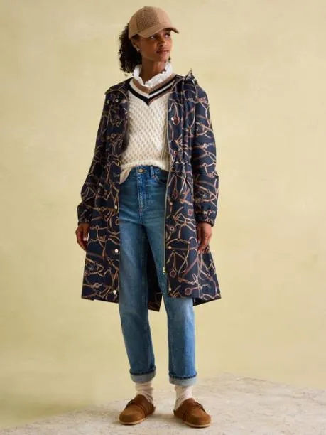 Coats and Jackets Women Joules Navy Blue Bridle Waterproof Packable Raincoat With Hood