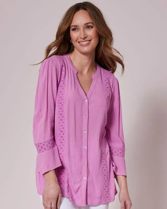Cotton Traders Shirts and Blouses Lace Trim Crinkle Sleeve Blouse 8211 Women