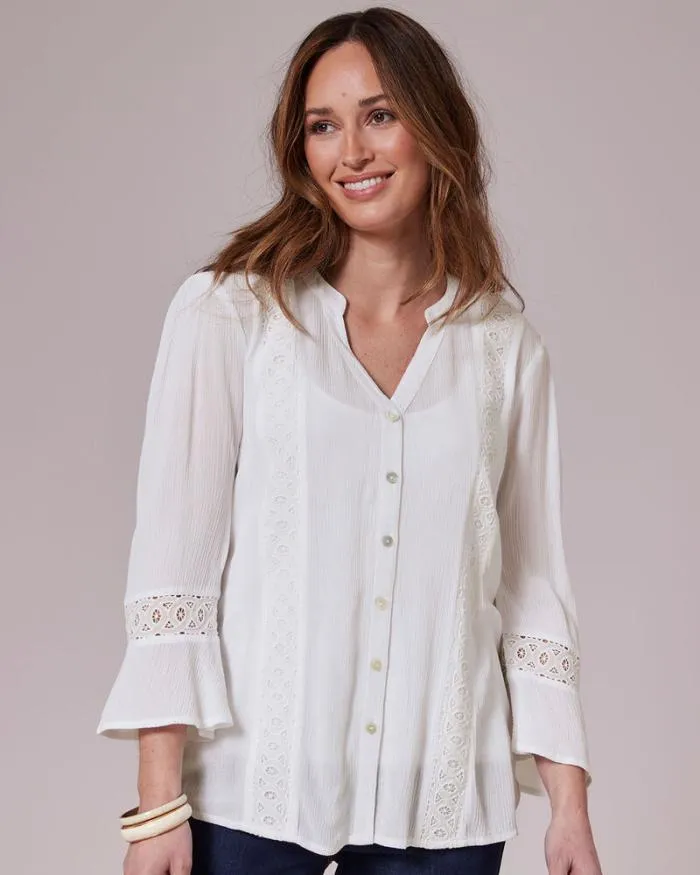 Cotton Traders Shirts and Blouses Lace Trim Crinkle Sleeve Blouse 8211 Women