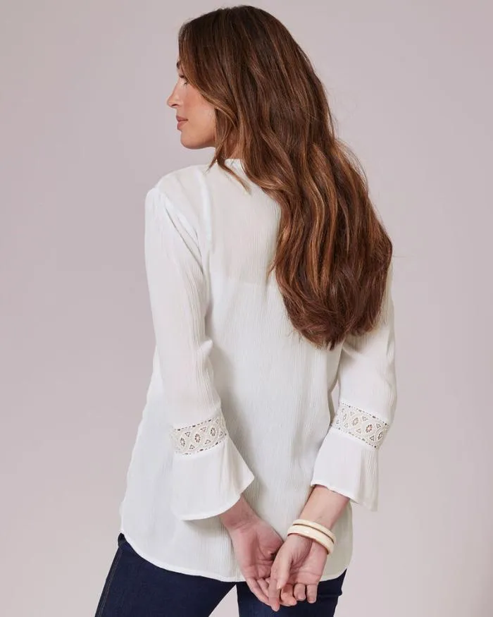 Cotton Traders Shirts and Blouses Lace Trim Crinkle Sleeve Blouse 8211 Women