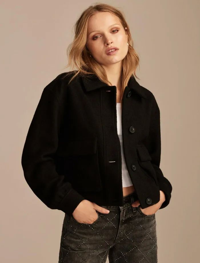 Cropped Boucle Jacket 001 Black Women Lucky Brand Jackets and Outerwear