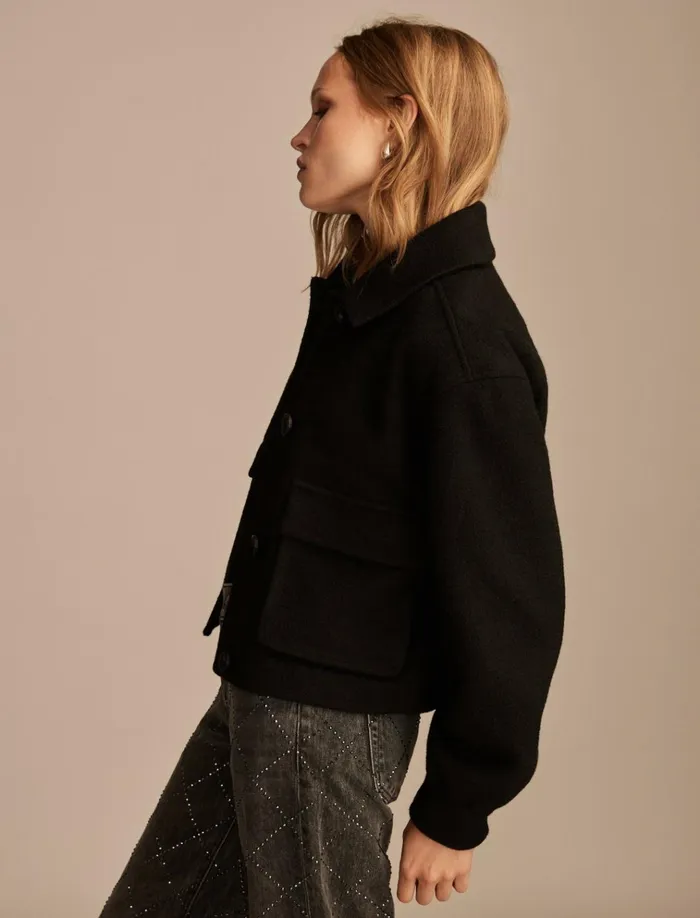 Cropped Boucle Jacket 001 Black Women Lucky Brand Jackets and Outerwear